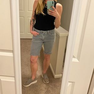 American Eagle, distressed, Bermuda denim shorts.